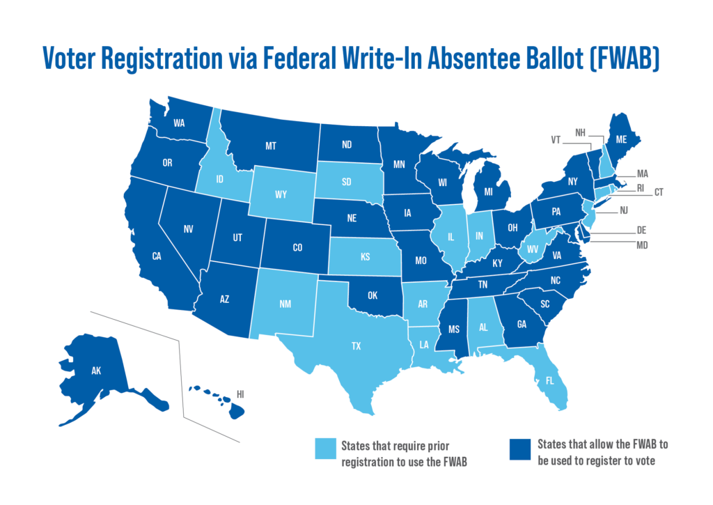 Map of U.S. states that allow UOCAVA voters to use the FWAB to register to vote.